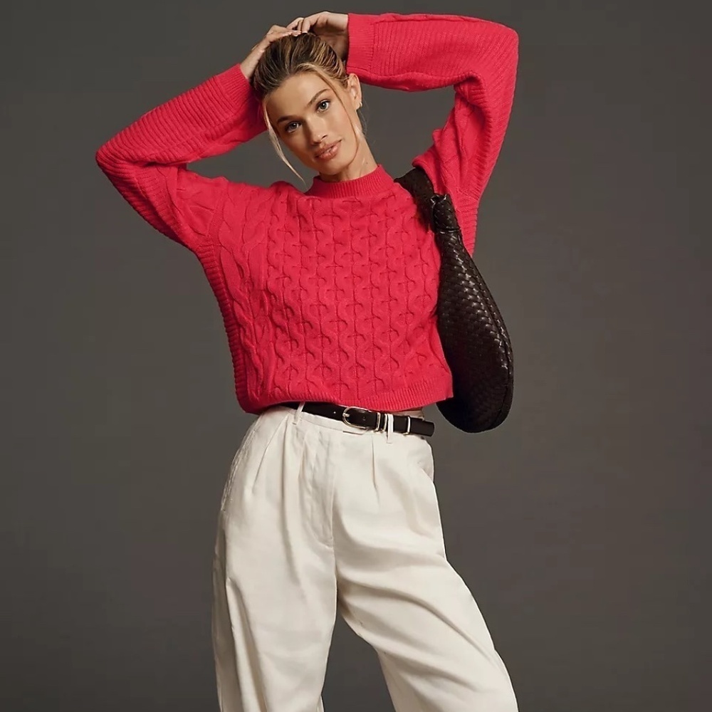NWT Anthropologie Pink 4SI3NNA Long Sleeve Cropped Cable Sweater Small - Picture 4 of 5